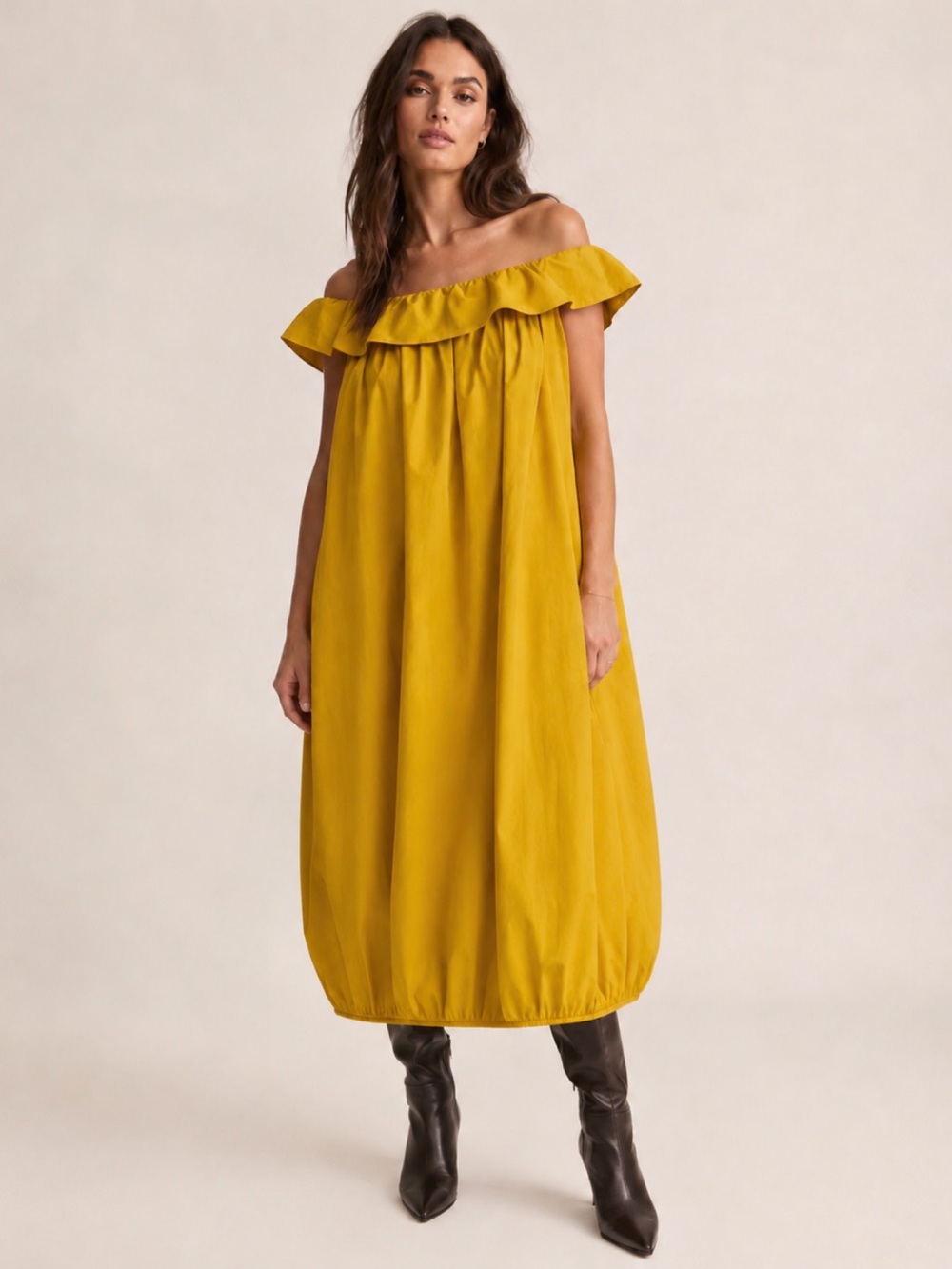 Imperial Mustard Yellow Off Shoulder Bubble Midi Dress Oversized M-L